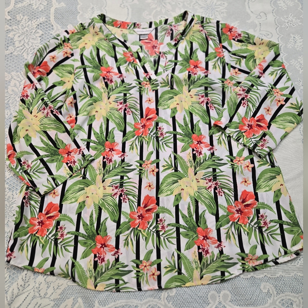 Christopher & Banks Long Sleeve Tropical Flower Top Sz XL
